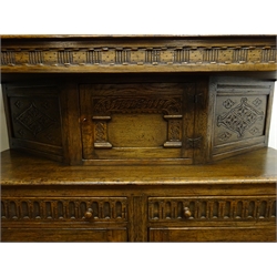  Early 20th century oak court cupboard, moulded top, cup and cover carved supports, two drawers above two cupboard doors, stile supports, W153cm, H145cm, D52cm  