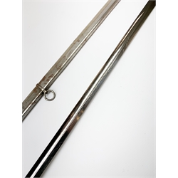 George V Army officer's dress sword with 89cm fullered steel blade inscribed Hobson & Sons Lexington Street Golden Square to the ricasso, royal cypher and scrolls to both sides, three-bar hilt and copper bound fish skin grip, in polished steel scabbard L104cm overall