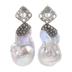 Pair of unusual South Sea pearl and diamond pendant earrings, with shepherds hook 