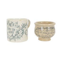 18th century pearlware mug, decorated with floral sprigs, together with 19th century miniature chamber pot printed with the verse and other 19th century ceramics 