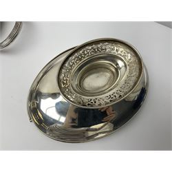 Large silver plated oval tray, together with other silver plated items including swing handled basket, ladle, shell shaped serving tray, etc