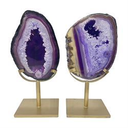 Pair of purple agate slices, polished wi