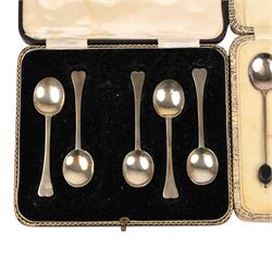 Set of six silver coffee bean spoon and a set of five silver coffee spoons, all hallmarked, in fitted case