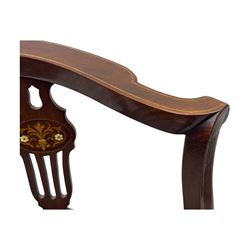 Edwardian inlaid mahogany corner chair, curved arms on shaped splat supports inlaid with satinwood, on turned supports (W60cm, H75cm); Edwardian inlaid mahogany tub-shaped armchair, the cresting rail inlaid with scrolling acanthus leaves and flower heads, on square tapering supports with spade feet (W58cm, H80cm)