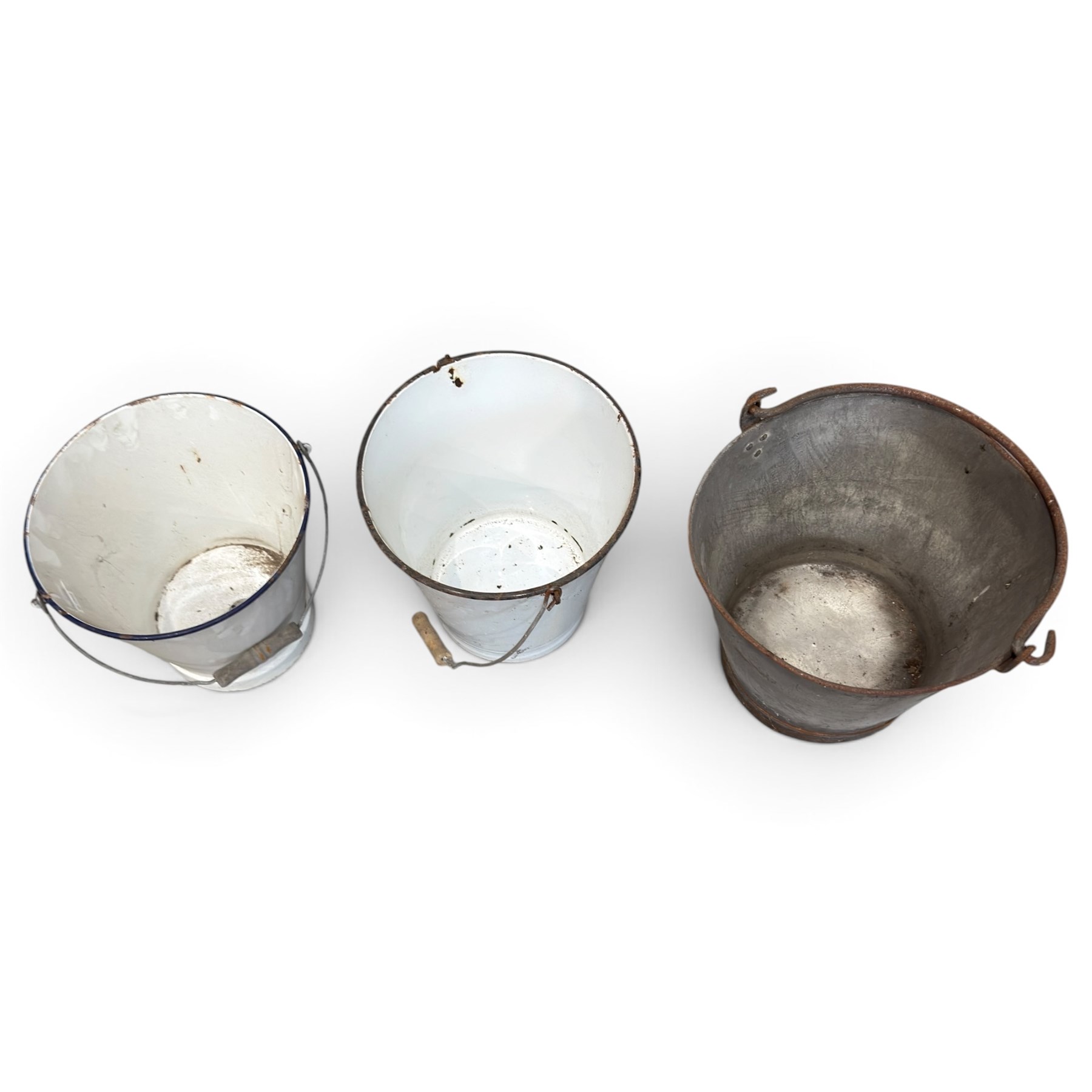 Collection of three ribbed galvanised dolly tubs with chevron detail, one retaining ‘The Popular Tub’ label, together with two white enamel buckets and a galvanised bucket, each with swing handle, max W46cm H53cm