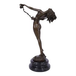 After H Fishmuth; Bronze figure of a nude female holding a vine, with foundry mark on socle base, H38cm