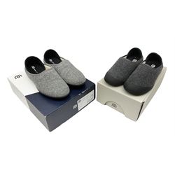 Two pairs of Mahabis slippers, comprising Mahabis curve grey and black slippers size EU42 and Mahabis classic grey and black slippers, both new in box