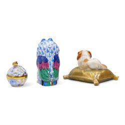 Herend miniature porcelain model of an owl and pierced pendant with 18k gold plate bale, together with an early 20th century Royal Worcester miniature porcelain model of a King Charles Spaniel seated on a cushion, L4.5cm (3)