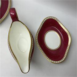 Wedgwood Ulander powder ruby pattern part dinner service, comprising six dinner plates, six side plates, six dessert plates, six soup bowls and sauce boat