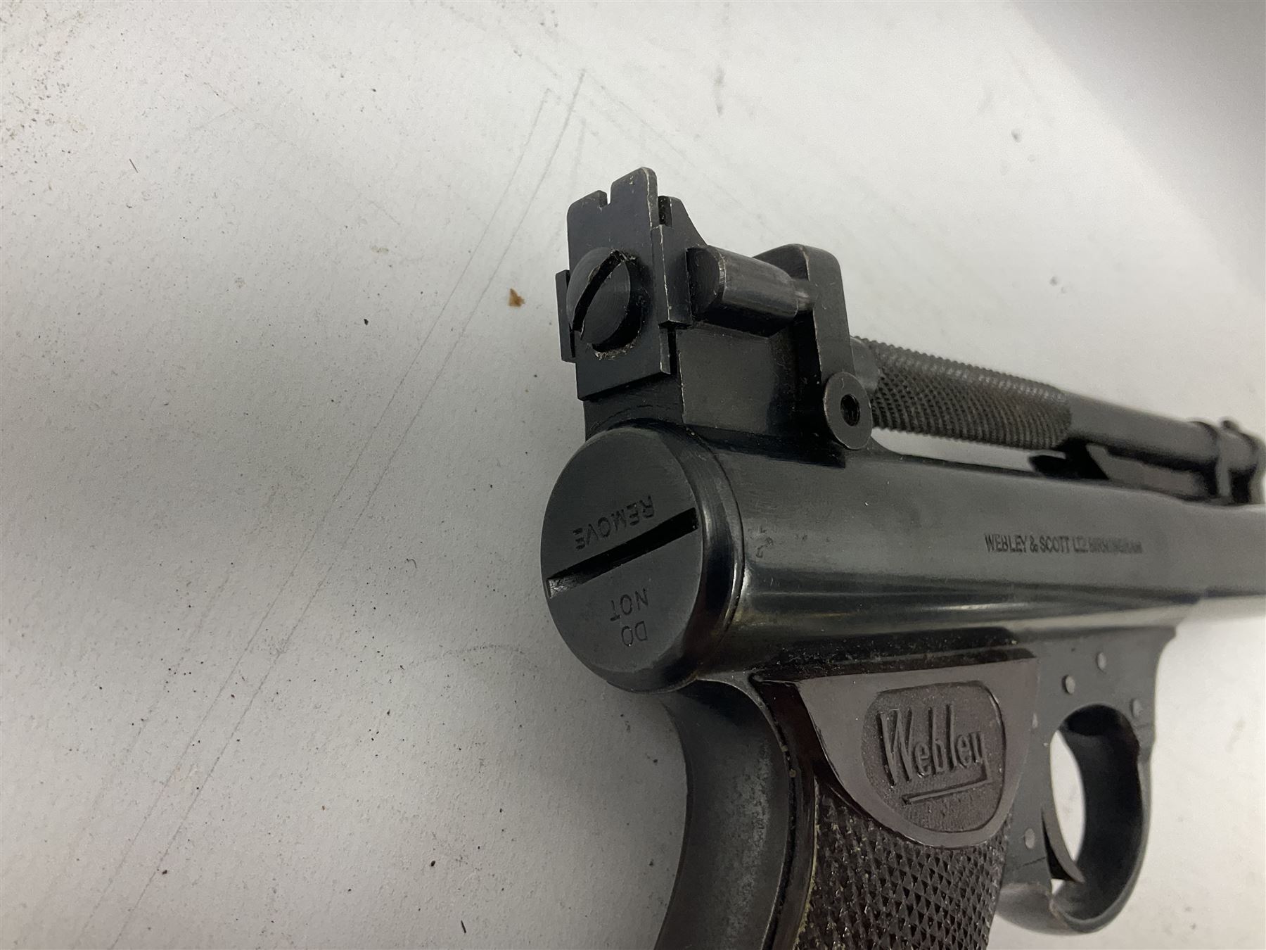 Webley Premier .22 air pistol with over lever action No.902 L24cm; and quantity of .22 pellets in two tins