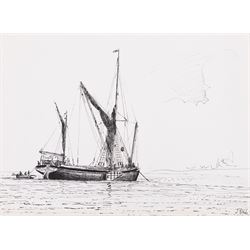Jack Rigg (British 1927-2023): Thames Sailing Barge 'Dawn', ink and watercolour signed and dated 1976, together with two associated sketches 37cm x 53cm 
