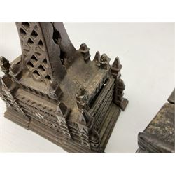 Five early 20th century cast-iron money banks as buildings - 'City Bank' c1904 H10cm; 'County Bank' c1905 H11cm; 'Town Hall Bank' c1900 H8.5cm; 'Tower Bank' c1902 H23.5cm; all made by John Harper; and 'Blackpool Tower Bank' c1907 by Chamberlain & Hill H18.5cm (5)