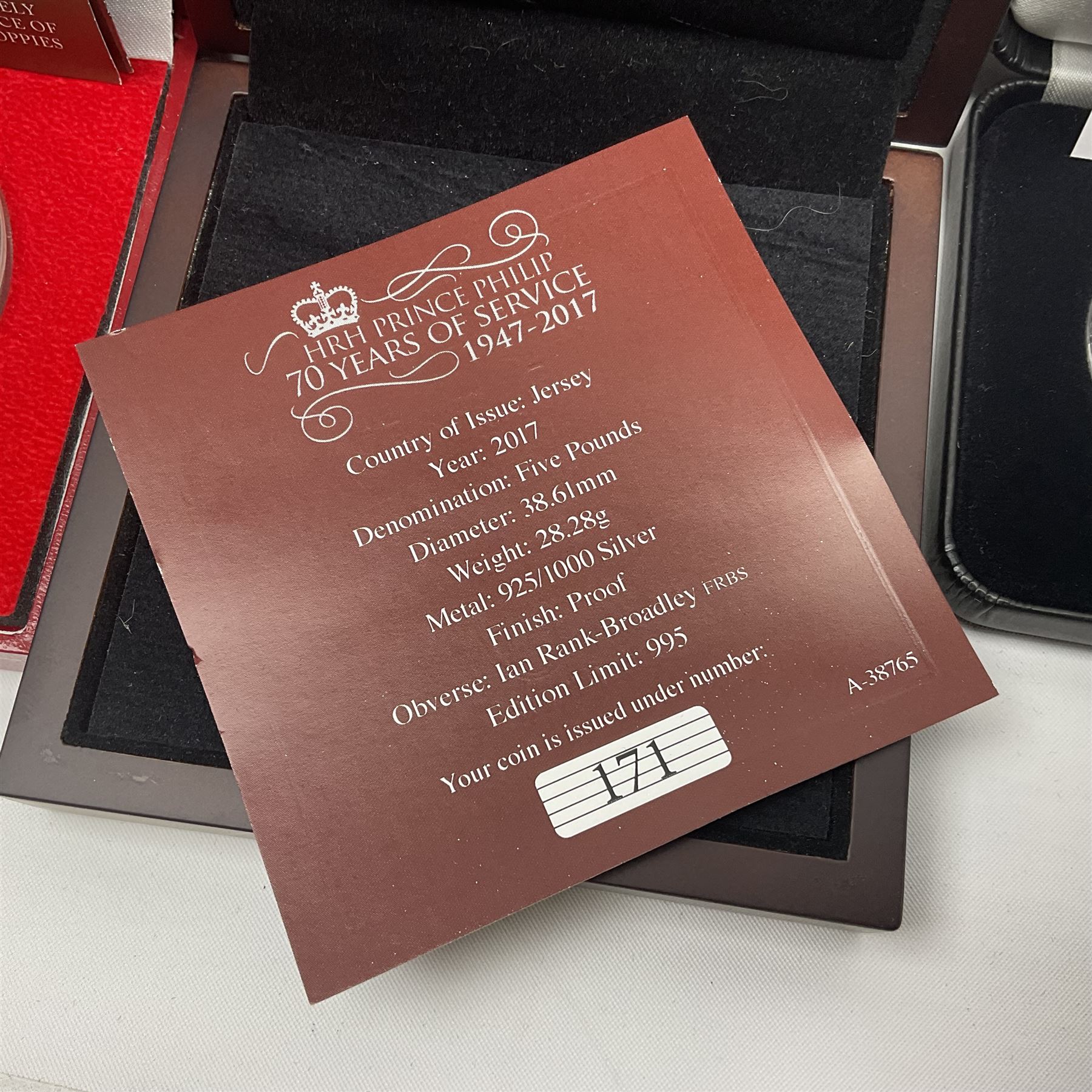 Six Queen Elizabeth II silver proof coins, comprising Government of Niue 2018 ‘The Flanders Remembrance Poppy’ two dollars, Solomon Islands 2020 ‘80th Anniversary of the Battle of Britain’ five dollars, Alderney 2019 ‘The 75th Anniversary of D-Day’ five pound, Alderney 2019 ‘Remembrance Day’ five pound, Bailiwick of Jersey ‘Prince Philip 70 Years of Service’ five pound, Pobjoy Mint Gibraltar 2020 ‘Penny Black’ fifty pence coin, with further Pobjoy Mint Gibraltar 2020 proof sterling silver piedfort ‘Penny Black’ fifty pence coin, all boxed with certificates