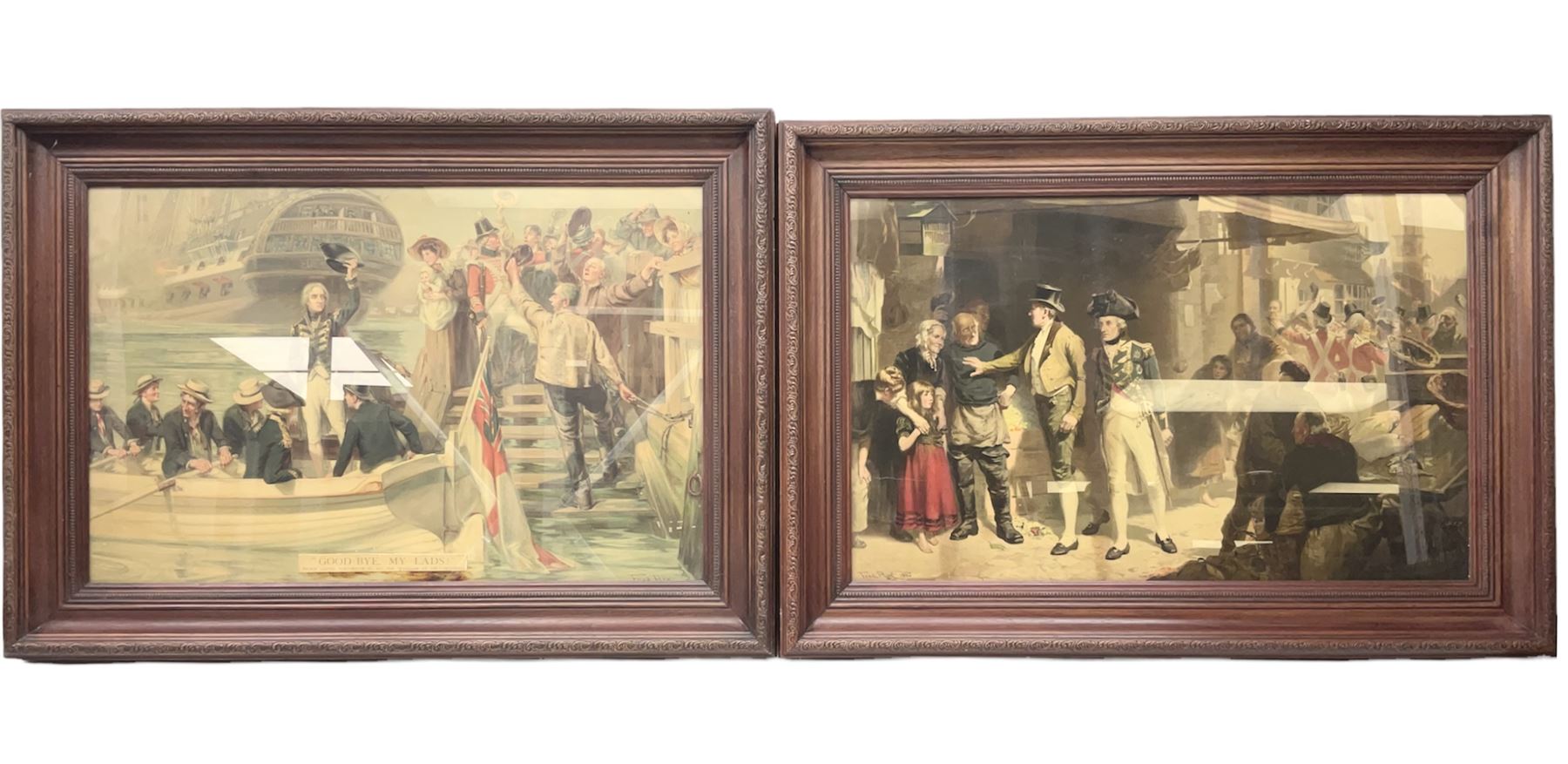 After Fred Roe, pair of colour prints of Lord Nelson, one titled 'Good-bye My lads', the other depicting Nelson walking through the streets of Portsmouth, 52 x 81cm, modern mahogany frames (2)
