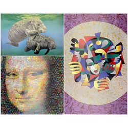 Anatole Krasnyansky (Ukrainian 1930-): 'Musical Sphere', Nicole Suzanne Stahl (Continental Contemporary): 'Gentle Voyagers'; Neil J Farkas (American 20th Century): 'Mona Lisa', three lithographs max 69cm x 72cm (3)