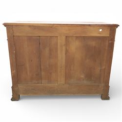 Late 19th century French provincial oak chest of drawers, moulded rectangular top with carved rope edge over four graduated long drawers with raised and fielded panels and ornate cast handles, canted angles and shaped apron below, standing on moulded block feet,