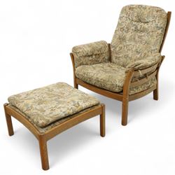 Ercol - golden elm 'Saville' armchair and matching footstool, elm frames with curved back ...