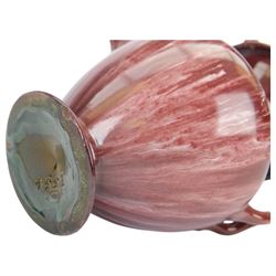 Linthorpe Pottery, pair of twin handled vases, with a purple glaze, H20cm