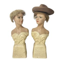 Pair of 20th century female countertop busts, the composite busts with vintage style dress and one with Lees stetson hat, H40cm