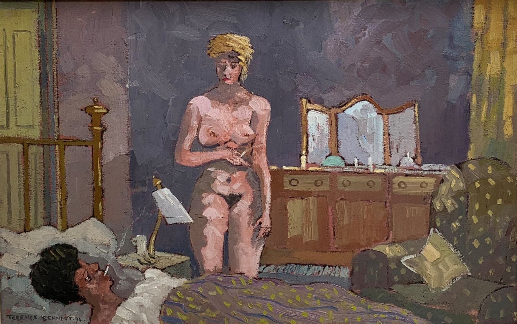 Terence Bennett (Northern British 1935-): Smoking in the Bedroom, oil on canvas signed and dated '94, 35cm x 55cm
Notes: Painter and teacher born and lived in Doncaster, attended local art school 1951-56. After National Service taught, giving up teaching in 1971 to paint full time in a mining village near Rotherham. In 1973 gained a Yorkshire Art Fellowship eventually becoming head of art at Thomas Rotherham College Rotherham
