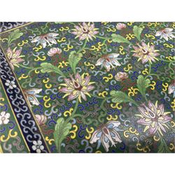 20th century Chinese cloisonne enamel smoking set, comprising two ashtrays, box and tray, with floral and foliate scrolling on green ground