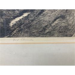 Robert Walker Macbeth (Scottish 1848-1910): 'The Ferry - Five Miles from Anywhere Pub' Upware Ely, etching signed in pencil; Fred Slocombe (British 1847-1920): Woodland path, etching signed in pencil, max 28cm x 40cm (2)