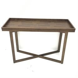 Rectangular mahogany side console, square supports joined by 'X' framed floor stretcher, W111cm, H81cm, D40cm