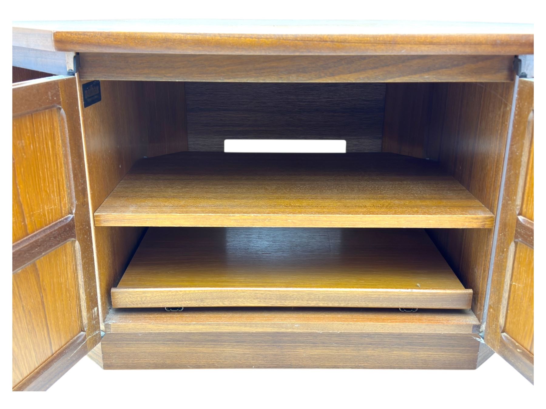 Nathan - teak wall unit and corner TV unit, bookcase unit with fixed shelves, locking fall front writing surface and twin door base with recessed panels(H 194cm, W 102cm, D 45cm), along with a matching angled corner TV cabinet with cupboard and side shelving (H 51cm, W 91cm, D 48cm)