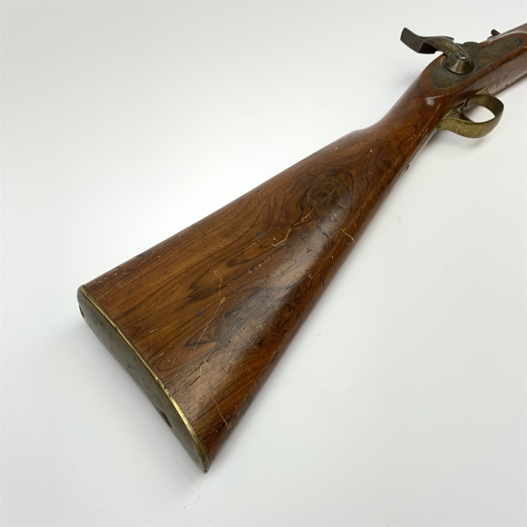 Indian style Enfield type smooth bore muzzle loading percussion cap musket, approximately 24-bore, full walnut stock with two bands and ramrod under L118cm overall