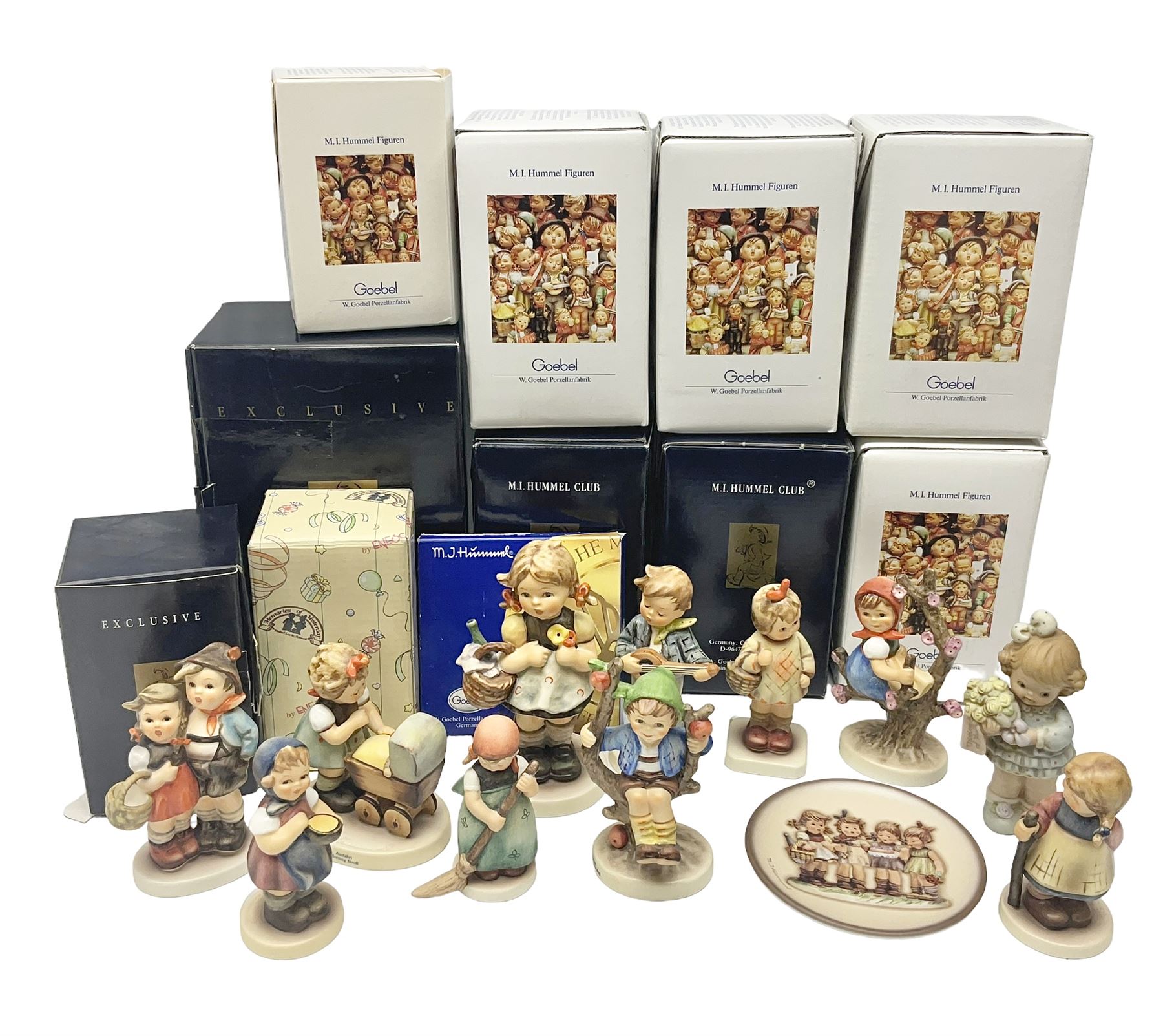 Ten Goebel Hummel figures, to include Morning Stroll, Apple Tree Girl, I brought you a gift, etc together with Enesco Mabel Lucie Atwell figure, ten with original boxes 
