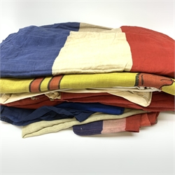 Thirty-seven various flags, pennants etc including Union flags, blue ensign, white ensign, Royal Standard, Scottish Rampant, Wales, Old Canada red ensign, Australia and New Zealand, France, Germany, South Africa (1928-94), semaphore and signal flags, 'God Save The King' banner, bunting flags etc