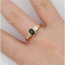 18ct gold sapphire ring, with baguette cut diamond shoulders 