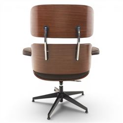 In the manner of Eames' Lounge chair, contemporary brown leather and plywood recliner and footstool, padded leather seat and arm rests, plywood backs raised on a black metal frames, reclines and swivels on a five point base  