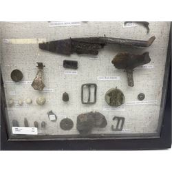 Collection of metal detector finds, to include Neolithic, Roman, medieval  specimens, musket balls, book bindings, tokens, shrapnel etc, 