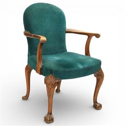 Early 20th century George II design mahogany open armchair, the padded back and seat uphol...