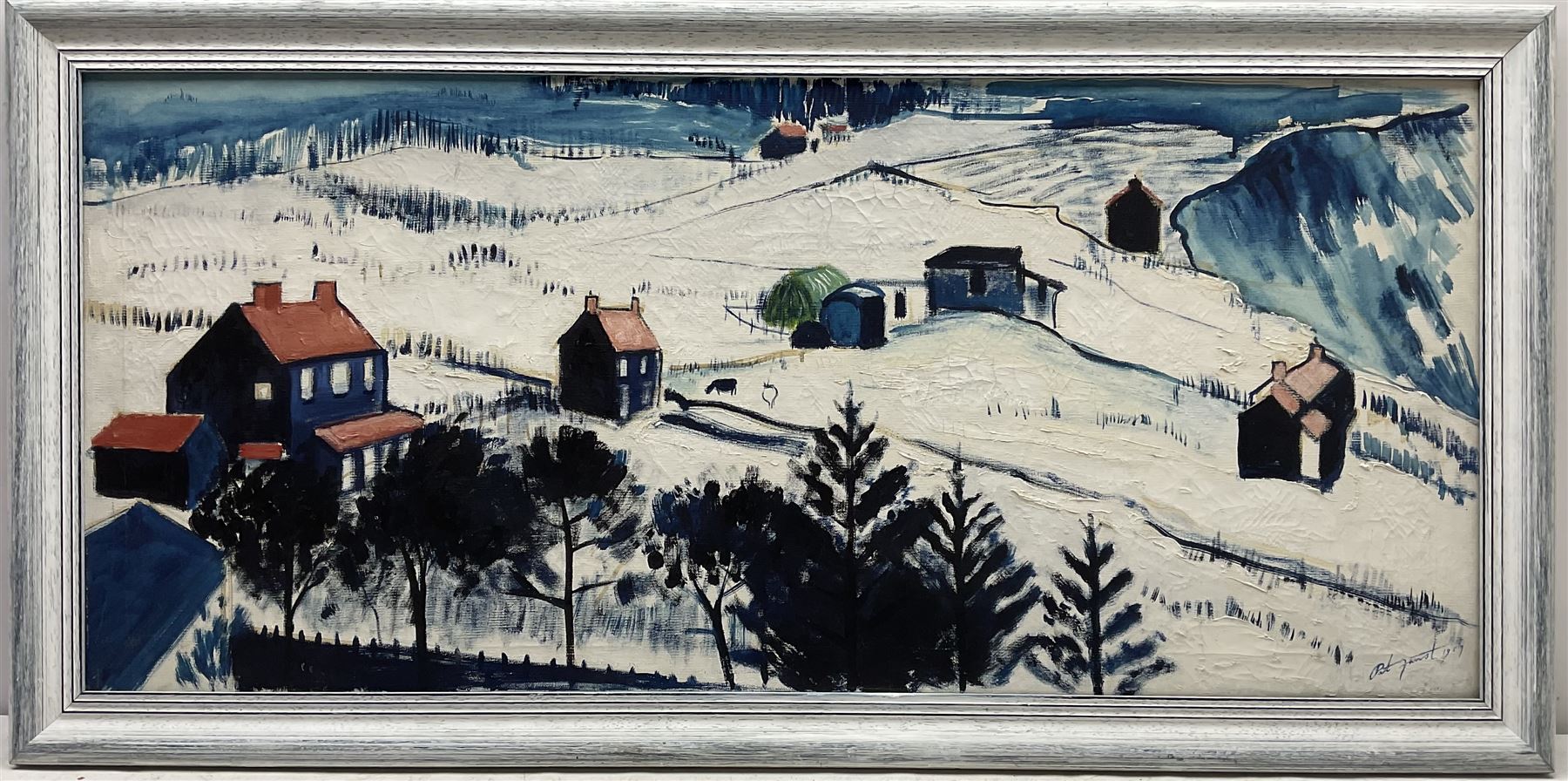 Pat Faust (British fl.1950-2000): Ravenscar Snowy Landscape, oil on canvas signed and dated 1959, 45cm x 100cm
