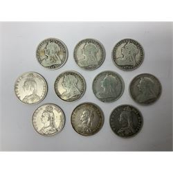 Ten Queen Victoria silver one florin coins, dated three 1887, 1891, 1895, 1896, 1897, two 1899 and 1900