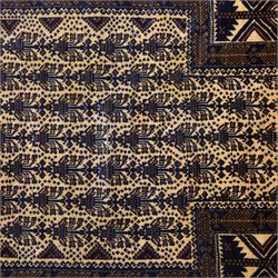 Afghan Ersari hand-knotted rug, apricot field decorated with three large octagonal gul medallions filled with geometric floral motifs, flanked by small tribal devices, end fringe fraying 97x167cm, together with a Baluch prayer rug, decorated with stylized tree motifs arranged in vertical rows beneath a stepped mihrab arch with multiple narrow borders of angular tribal motifs in shades of indigo, brown, and ochre fraying to flatweave ends, 134x84cm, (2)