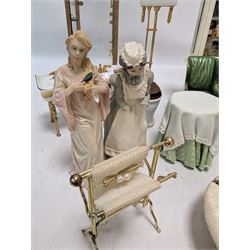 Dolls house bathroom and bedroom furniture, including bed, wardrobe, dresser filled with toiletries, shower, five figures, etc 