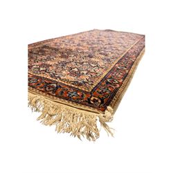 Persian-style wool rug, cream field with floral and geometric motifs, wide floral border (74cm x 142cm); Persian wool rug, beige field with dense floral patterns, narrow floral border (70cm x 144cm); Tribal wool rug, red and navy with diamond motifs (96cm x 60cm); Persian pictorial wool rug, black field with vase, birds, and floral border (70cm x 73cm)