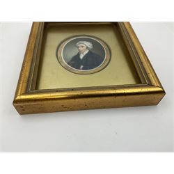 English School (18th century)
Portrait miniature upon ceramic plaque 
Head and shoulder portrait of a gentleman in blue coat and white turban, holding book under one arm
Indistinct inscription verso
Within gilt mount and gilt frame under glass
Portrait 7cm x 5.5cm 
Plaque 14cm x 11.5cm
Frame 16cm x 13.5cm