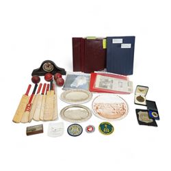Collection of cricketing and other sporting memorabilia including signed miniature bats, s...