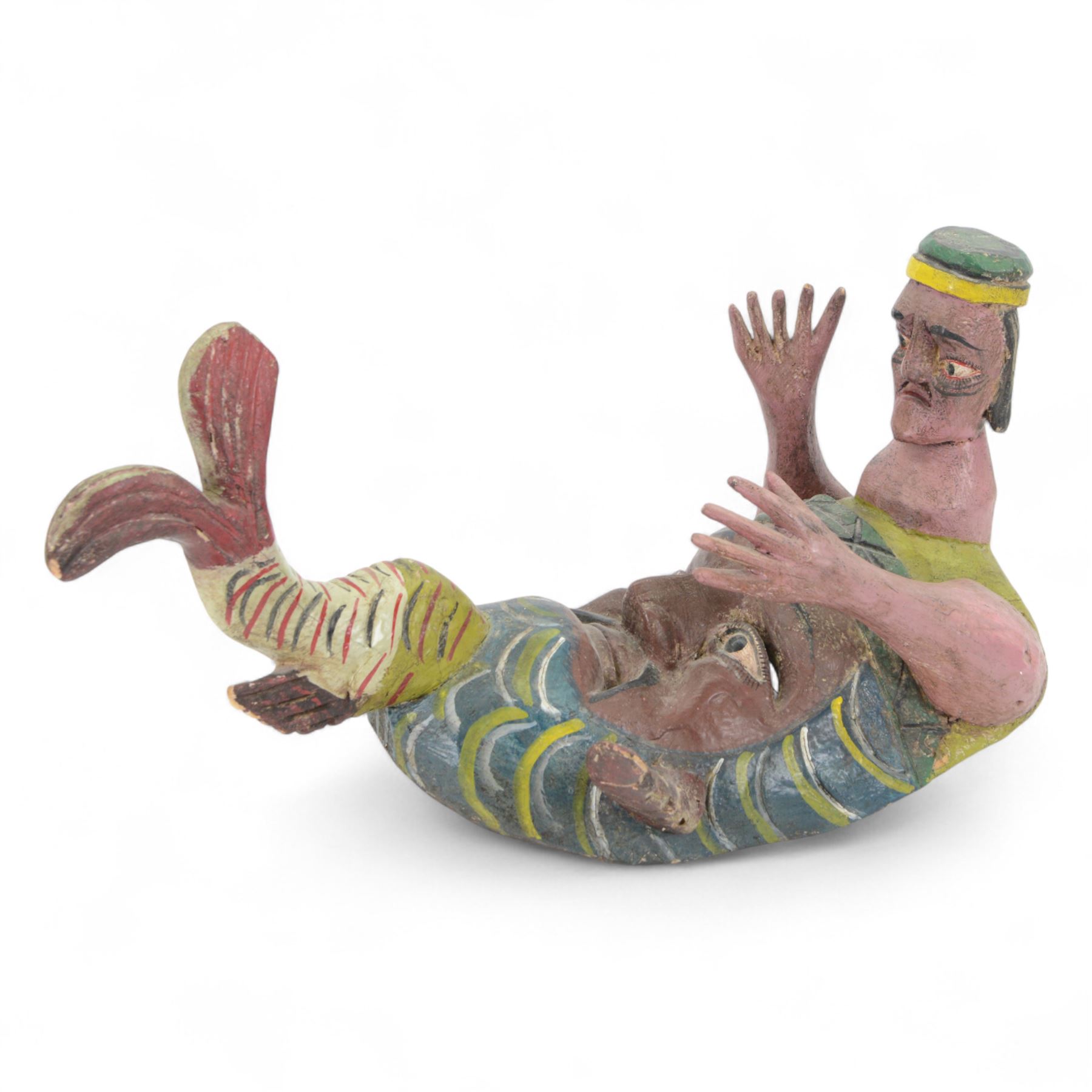 Carved folk art mask, modelled as a merman, hand painted, H50cm 