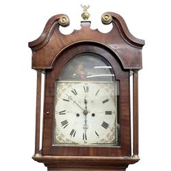 Benjamin Ellis Coates of  Wakefield - mid-19th century oak and mahogany 8-day longcase clock, with a swans neck pediment with brass patera and a ball and eagle finial,  break arch hood door beneath flanked by two square pilasters, trunk with canted corners and a short door, on a tall plinth with a shaped  base and raised panel, painted dial with geometric and floral spandrels and a depiction of a maid bidding farewell to   
 a loved one departing on a sea voyage, with Roman numerals, fifteen minute arabics, subsidiary seconds and date dials and stamped brass hands, dial pinned to a rack striking movement striking the hours on a bell. With weights, key and pendulum.