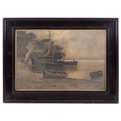 Lester Sutcliffe (British 1848-1933): Ships Landed and Ships at Sea, pair monochrome pastel and watercolours signed 35.5cm x 53cm