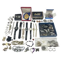 9ct gold jewellery including pearl earrings, odd hoop earrings, two stone set rings, silver and stone set silver jewellery and costume jewellery, wristwatches, etc