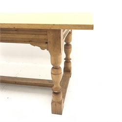 Light oak refectory style dining table, baluster supports joined by floor stretchers, W184cm, H77cm, D81cm