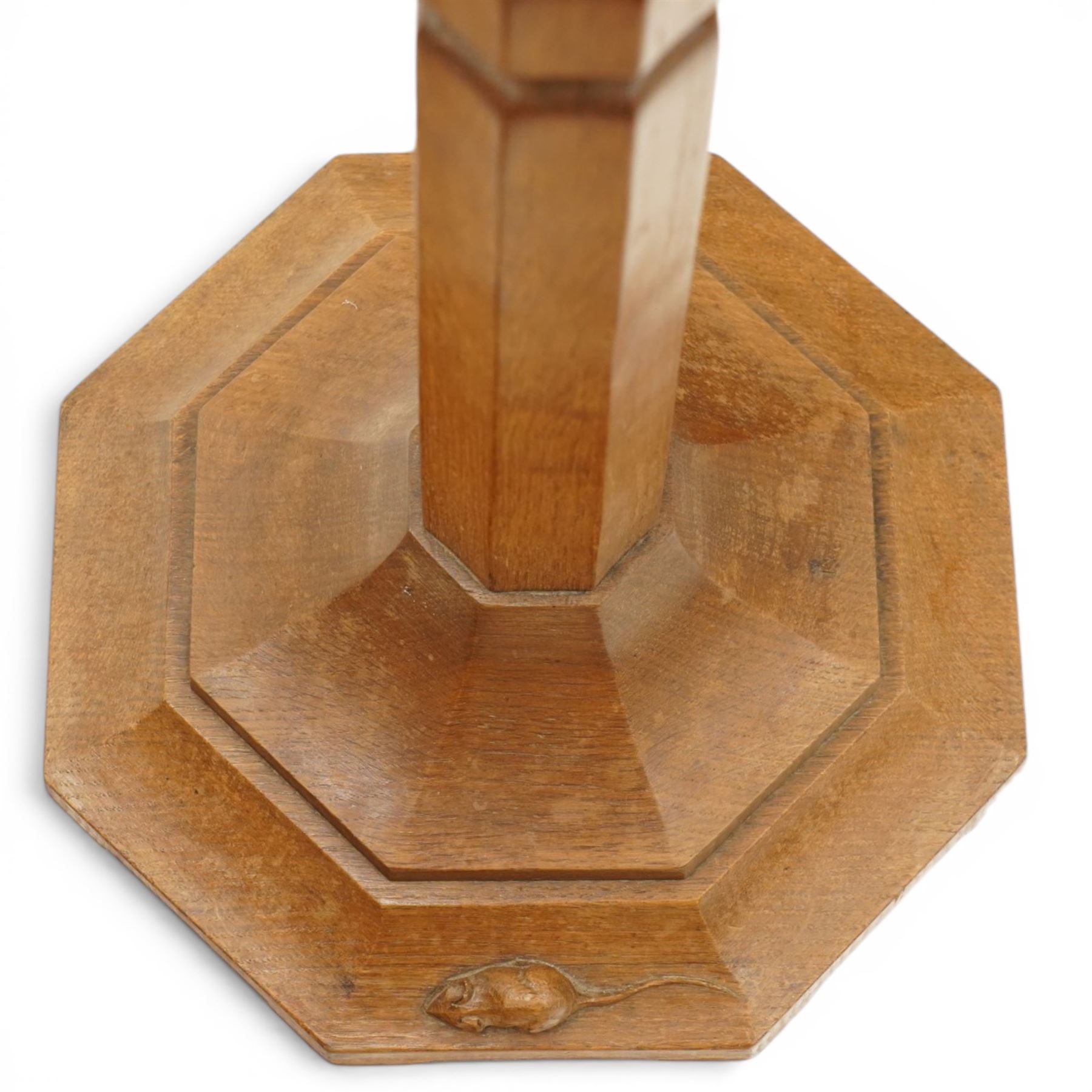 Mouseman - mid-20th century oak standard lamp, octagonal turned column, with faceted stepped base, with carved mouse signature, by the workshop of Robert Thompson of Kilburn