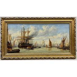 Manner of Claude T Stanfield Moore (British 1853-1901): Busy Shipping scene Pool of London, oil on canvas unsigned 27cm x 58cm 