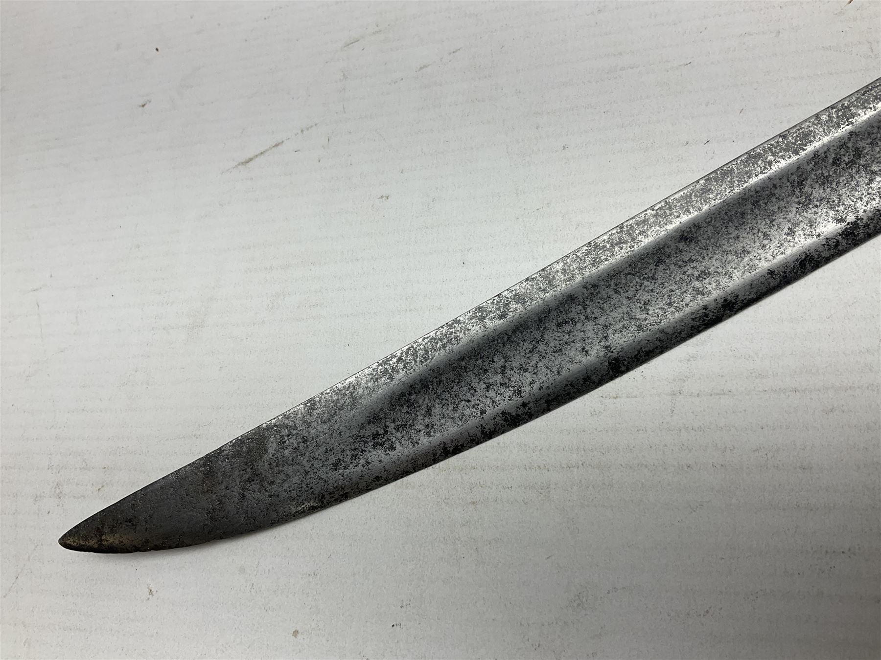 Late 18th century sword, the Spanish 79.5cm curving fullered blade engraved with the Royal Cypher, battle trophies and 'Viva Espania' banner, French Sabre de Mineur brass three-bar hilt with ebonised reeded grip L93.5cm overall (no scabbard)